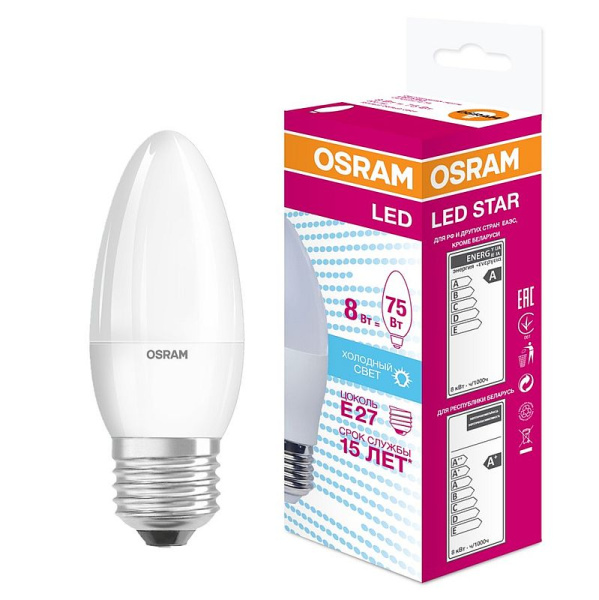 Купить Osram Светодиодная лампа LED STAR Classic B 8Вт (замена 75Вт),нейтральный белый свет, матовая колба, Е27 4058075210776