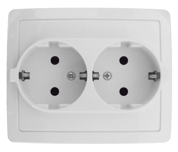 Simon 15 Белая Розетка двойная с заземлением 2*2Р+Е без шторок, винт.зажим,16А, 250В 1590456-030