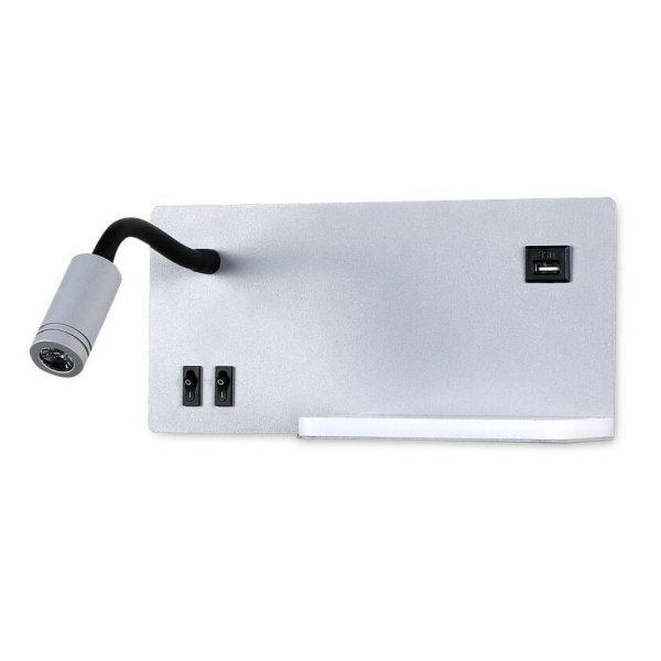 Ambrella Настенный светодиодный светильник с полкой, выключателем и USB портом FW292 GR/BK серый/черный LED 4200K 5W+3W 260*150*110 Ambrella Настенный светодиодный светильник с полкой, выключателем и USB портом FW292 GR/BK серый/черный LED 4200K 5W+3W 260*150*110