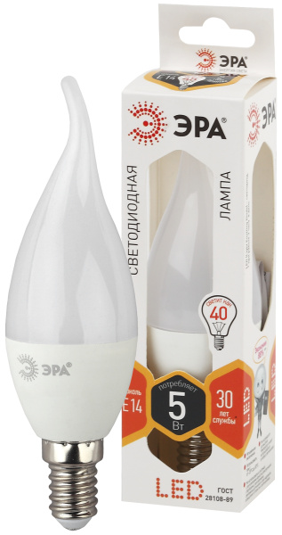 ЭРА LED BXS-5W-827-E14 (диод, свеча на ветру, 5Вт, тепл, E14)
