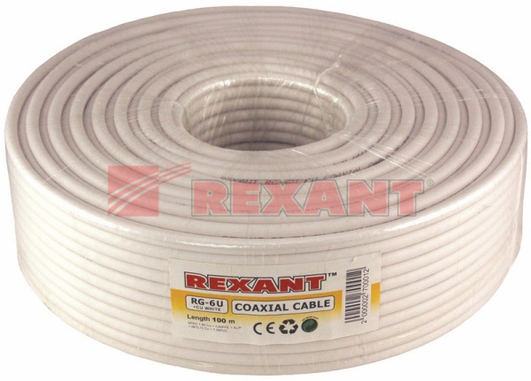 Купить Кабель RG-6U+CU, (75%), 75 Ом, 100м., белый Rexant 01-2223