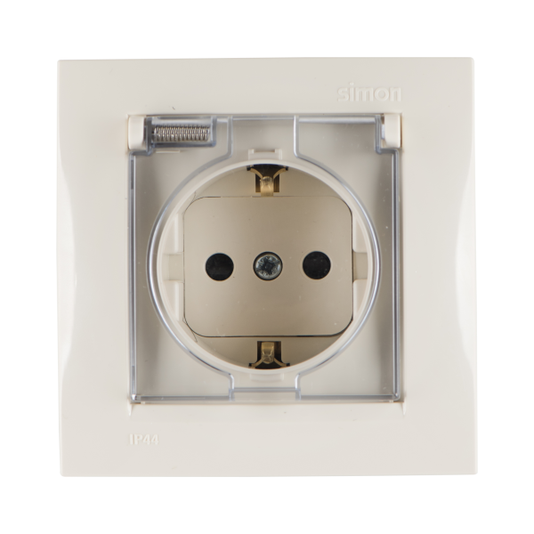 Купить Simon 15 Бежевая Розетка 1-ая с/з с крышкой с защитными шторками, IP44 (в сборе с рамкой) 1590450-031