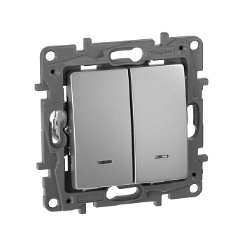 Legrand Etika Алюминий Выключатель 2-клавишный с подсветкой/индикациейавт, автоматические клеммы, 10 AX, 250 В 672404