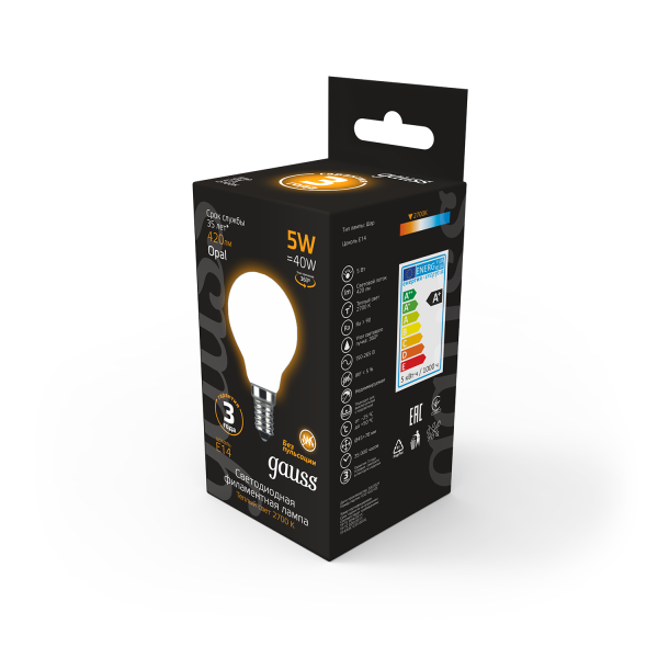 Купить Gauss Лампа Filament Шар 5W 420lm 2700К Е14 milky LED 105201105