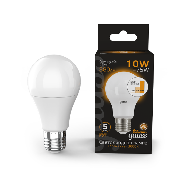 Купить Gauss Лампа A60 10W 880lm 3000K E27 шаг. диммирование LED 102502110-S