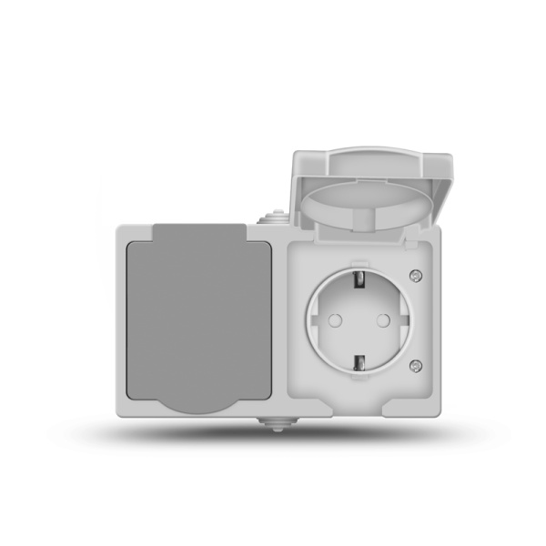UNIVersal "Аллегро" Розетка Серый 2 гн. верт., с/з, з/ш, IP-54, с крышкой 1275