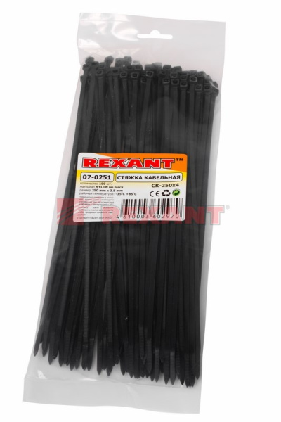 Купить Хомут nylon 250 x 3,6 мм 100 шт чёрный Rexant 07-0251