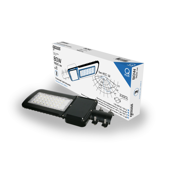 Купить Gauss Светильник уличный Qplus 80W 9600lm 5000K 120-260V IP65 455*180*49мм черный КСС "Ш" LED 629535380