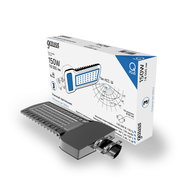 Купить Gauss Светильник уличный Qplus 150W 18000lm 5000K 120-260V IP65 535*260*64мм черный КСС "Ш" LED 629535315