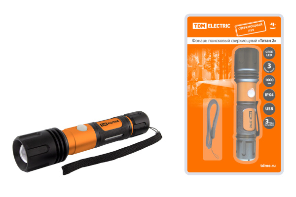 TDM Фонарь «Титан 2» 10 Вт 1 светодиод CREE 1000 лм, 1х18650 3.7 В 2200 мА*ч , IPX4, USB, SQ0350-0061