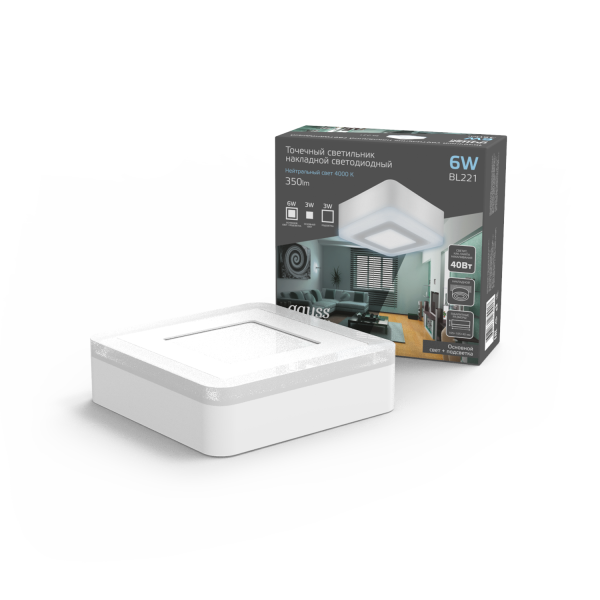 Купить Gauss Светильник Backlight накладной BL221 Квадрат. Акрил, 3+3W, LED 4000K, 105*105,