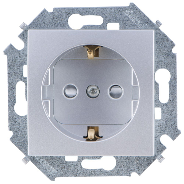 Simon 15 Алюминий Розетка с/з, со шторками, 16А, 250В, винт.зажим 1591443-033