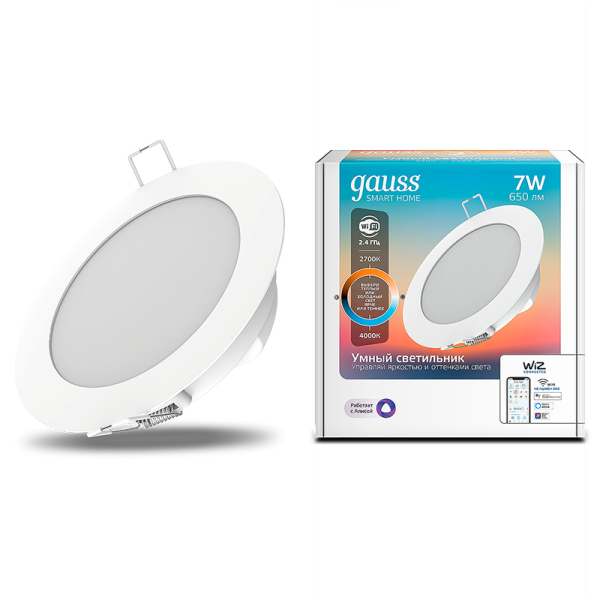 Gauss Свет-ик даунлайт Smart Home 7W 650lm 2700-4000К 220-240V IP20 105*35мм изм.цв.тем+дим LED 2030122