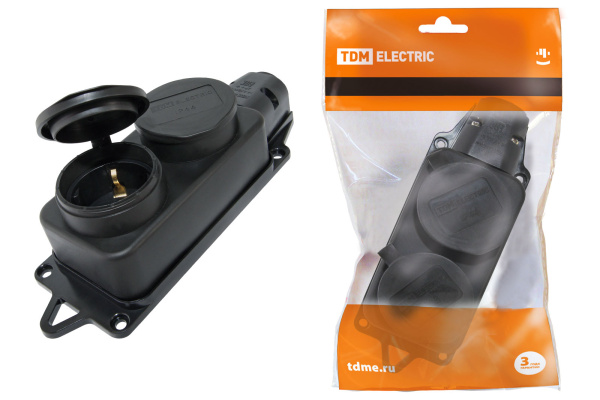 TDM Розетка двухместная с заглушками каучук 2Р+РЕ 16А 250В IP44 SQ0612-0010