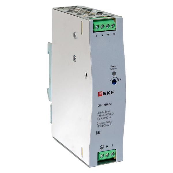 EKF Блок питания на дин рейку 75Вт,Uвх ~ 220 В AC, Uвых - 12 В DC постоянного тока