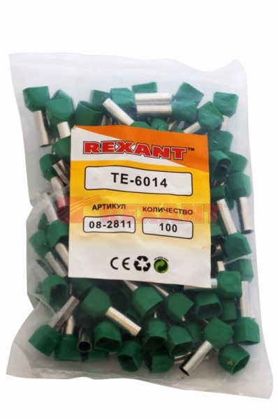 Купить Наконечник штыревой втулочный изолированный F-14мм 2х6мм² (НШВи(2) 6.0-14 / НГи2 6,0-14) зеленый Rexant 08-2811