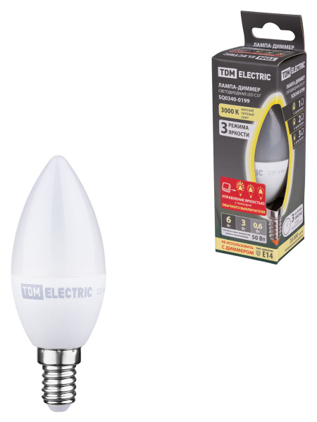 TDM Лампа светодиодная С37-6 Вт-230 В-3000 К–E14 "Лампа-ДИММЕР" SQ0340-0199