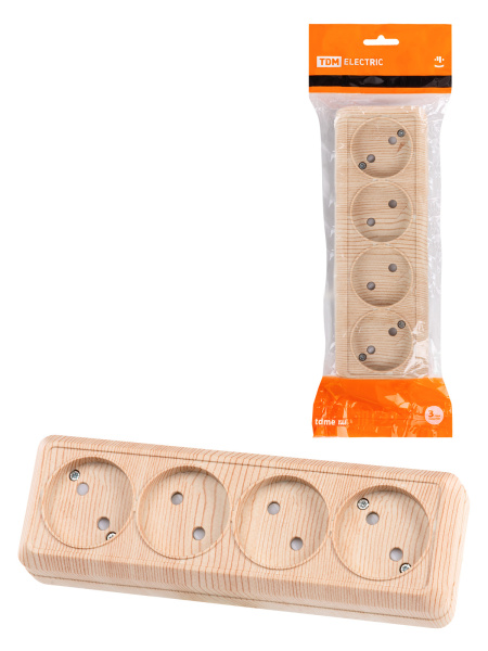 TDM Розетка 4-х местная горизонтальная 2П открытой установки IP20 10A с з/ш сосна "Ладога" SQ1801-0429