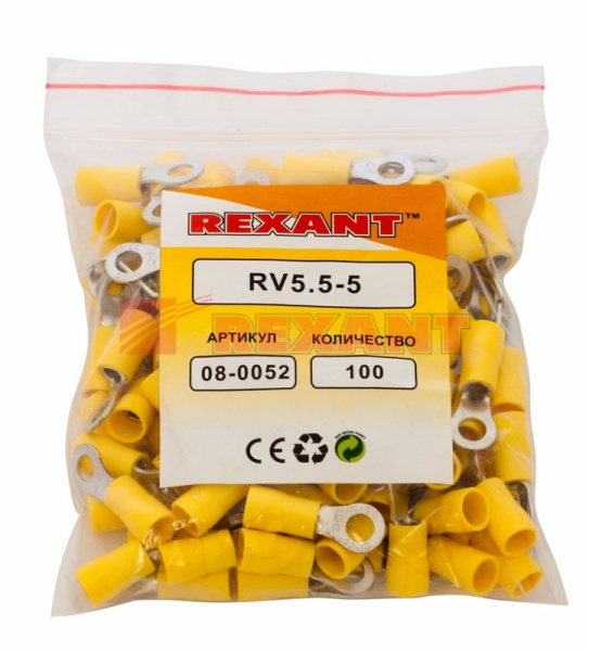 Купить Наконечник кольцевой изолированный ø5.3мм 4-6мм² (НКи 6.0-5 / НКи5,5-5) желтый Rexant 08-0052