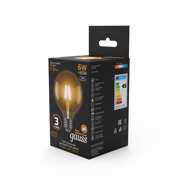 Купить Gauss Лампа Filament G95 6W 630lm 2700К Е27 LED 105802106