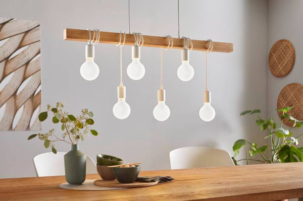 Купить Eglo 33165 Подвес TOWNSHEND, 6х60W (E27), L1000, B100, H1100, сталь, белый/дерево, коричневый