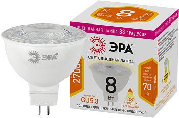 ЭРА Лампочка светодиодная STD LED Lense MR16-8W-827-GU5.3 GU5.3 8Вт линзованная софит теплый белый свет