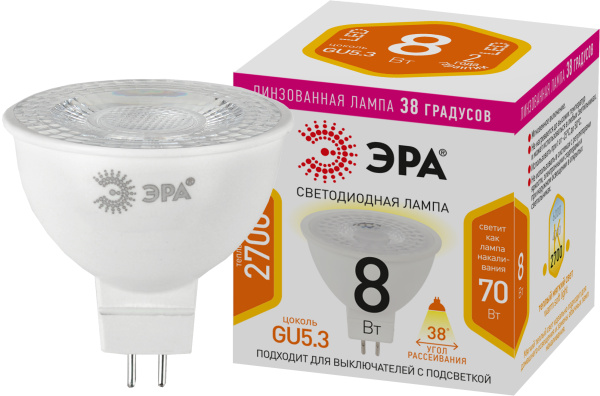 ЭРА Лампочка светодиодная STD LED Lense MR16-8W-827-GU5.3 GU5.3 8Вт линзованная софит теплый белый свет