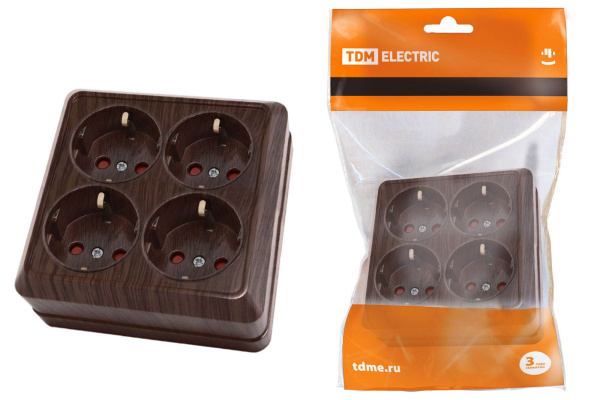 TDM Розетка четырехместная 2П+3 открытой установки IP20 16A с защитными шторками бук "Ладога" SQ1801-0323