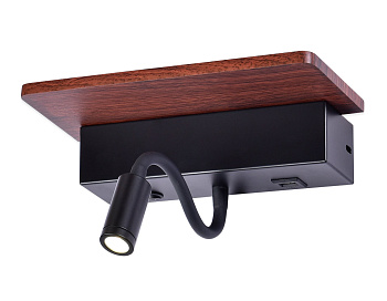 Ambrella Настенный светодиодный светильник с выключателем, USB портом и полкой FW291 BK/DW черный/темное дерево LED 4200K+3000K 6W+1W 265*110*130