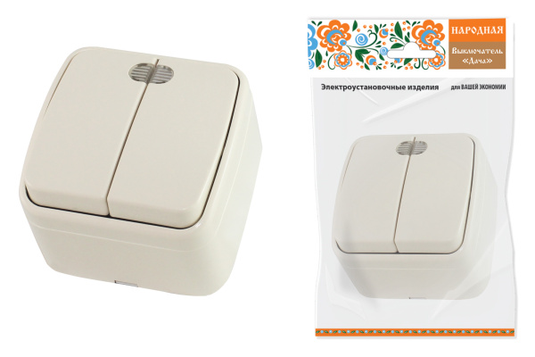 TDM Выключатель 2-кл. открытой установки с подсветкой IP20 10А, сл. кость "Дача" Народная SQ1824-0017