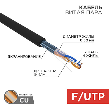 Кабель FTP 2PR 24AWG CAT5e 305м OUTDOOR Rexant 01-0124