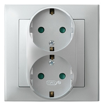 Ospel Sonata Серебро матовое Розетка 2-я с/з Schuko со шторками, с рамкой GP-2RSP/38