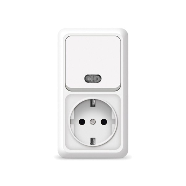 UNIVersal "Олимп" Блок Выключатель Бел 1 кл.c подсветкой + Розетка с/з верт. О0039