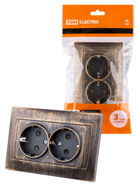 TDM Розетка двойная 2П+З 16А 250В старинная бронза "Лама" SQ1815-0766