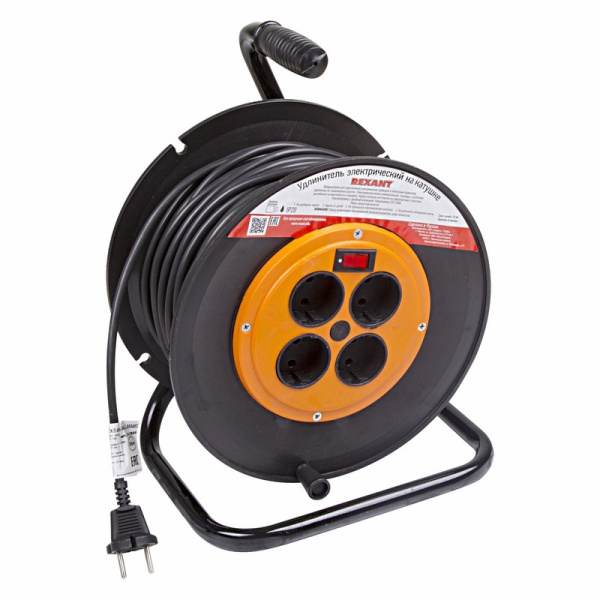 Удлинитель на катушке 50м (4 роз.) 2х1.0 с вкл. Rexant 11-7550