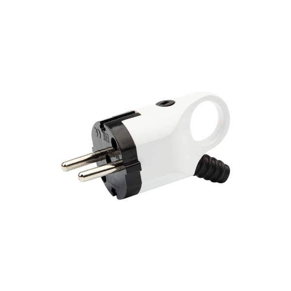 Вилка Евро угловая с з/к 16А с ушком (кольцом) бело-черная Rexant 11-8952