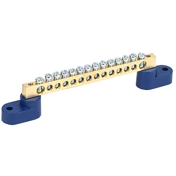 Шина «N» нулевая 6х9 мм на двух угловых синих изоляторах 14 групп Rexant 11-2329