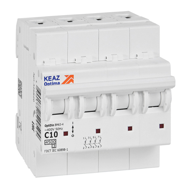 КЭАЗ OptiDin BM63 Автоматический выключатель 4P 10А C 4,5кА AC (BM63-4C10-4,5-УХЛ3) 326820
