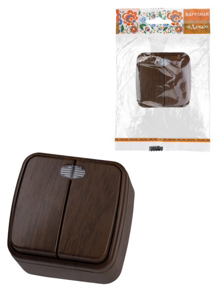 TDM Выключатель 2-кл. открытой установки с подсветкой IP20 10А, венге "Дача" Народная SQ1824-0044