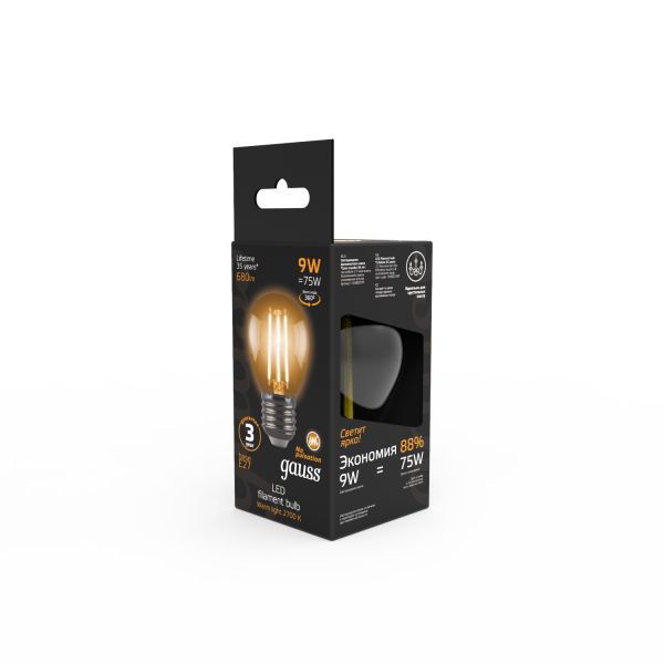 Купить Gauss Лампа Filament Шар 9W 680lm 2700К Е27 LED 105802109
