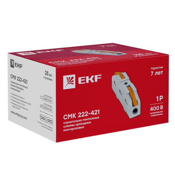 Купить EKF PROxima Строительно-монтажная клемма СМК 222-421 проходная 1 полюс 0,08-4мм2 (25шт.)