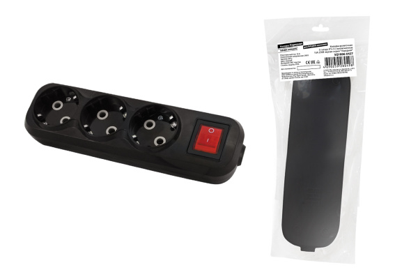 TDM Колодка розеточная 3 гнезда 2П+3 c выключателем 16А 250В черная серии "Народная" SQ1806-0427