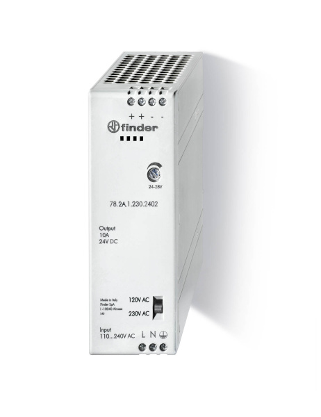Finder Импульсный источник питания; вход 120...240В AC/220В DC; выход 24В DC, 240Вт; компактный; зарадка аккумуляторов; степень защиты IP20 782A12302402