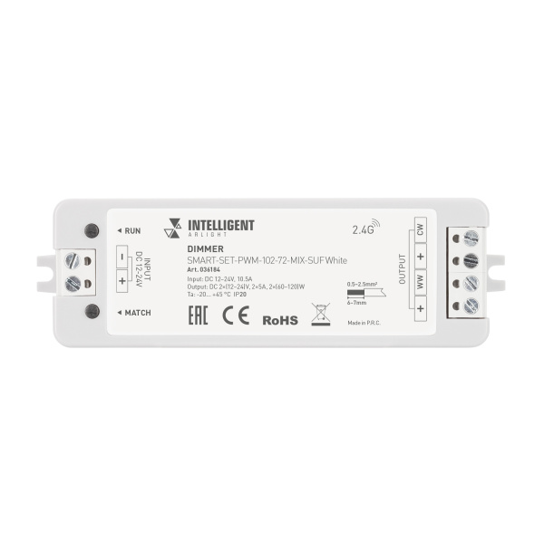 Купить Arlight INTELLIGENT ARLIGHT Диммер SMART-SET-PWM-102-72-MIX-SUF White (12-24V, 2x5A, ПДУ RING 10кн, 2.4G) (IARL, IP20 Пластик, 5 лет) 036184