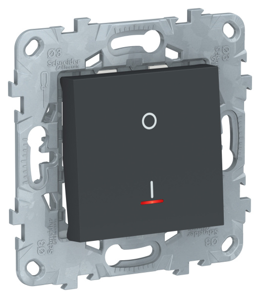 Купить SE Unica New Антрацит Выключатель 1-клавишный, двухполюсный, с индикацией, сх.2а, 16 AX, 250В NU526254S