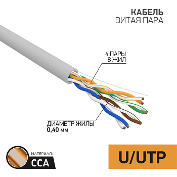 Кабель витая пара UTP 4PR 26AWG CAT5e 305м CCA LIGHT PROconnect 01-0048-3
