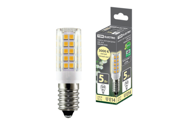 TDM Лампа светодиодная Е14-5 Вт-230 В-3000 К, SMD, 16x54 мм SQ0340-0340