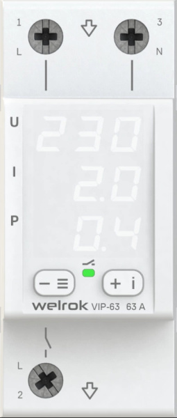 Купить Welrok VIP-63 Реле напряжения с контролем тока 63 А (max 80 A), 13 900 ВА