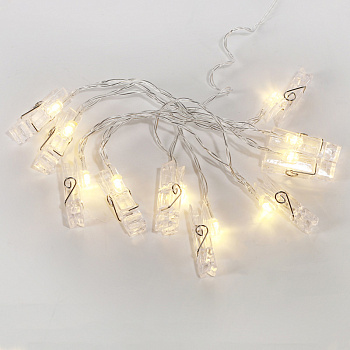 NEON-NIGHT Гирлянда светодиодная «Прищепки» 10 LED, 1.5 м, прозрачный ПВХ, теплый белый цвет свечения, 2 х АА (батарейки не в комплекте) 304-005
