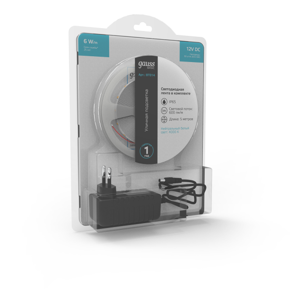 Купить Gauss Лента Basic в комплекте 12V 6W/m 600lm/m 4000 IP65 LED 5m 1/80 BT014
